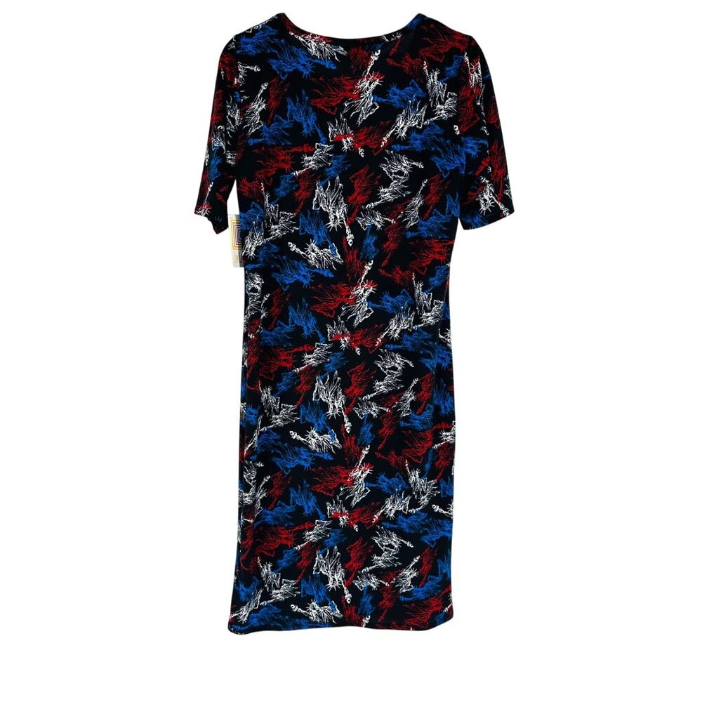 LuLaRoe Juliet Dress Patriotic Black Red Blue White Statue Of Liberty Print L - Picture 2 of 7